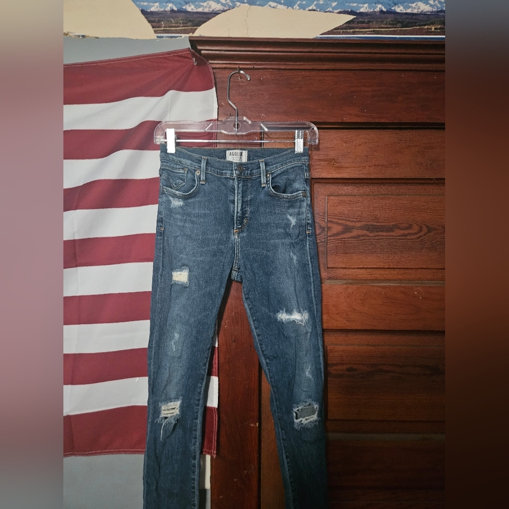 Agolde Women's Skinny Jeans Distressed Dark Blue Denim